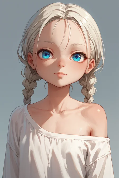 score_9,score_8_up,score_7_up,
1girl, solo, gotyuistyle, platinum blonde hair, blue eyes, twin braids, white off the shoulder shirt, flat chest, looking at viewer, portrait,
<lora:gotyuistyle:1>
<lora:1StS_age_slider_v1_initial_release:-1>
