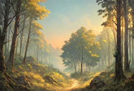 score_9, score_8_up, score_7_up, score_6_up, lanscape, very Peaceful, forest, large and tall trees, giant forest, sunset central focus is an ancient old oak tree