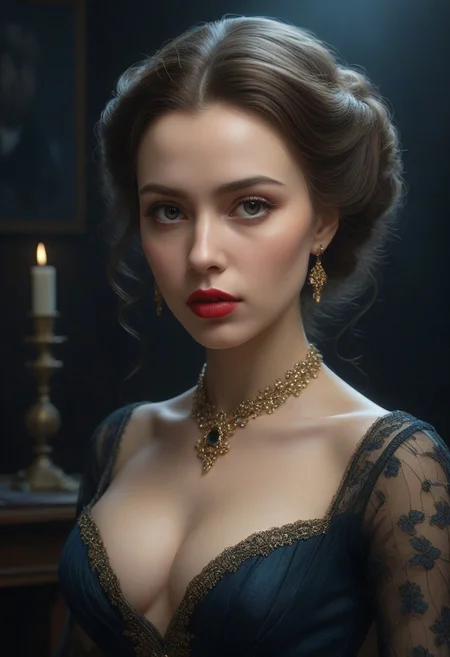 dynamic full shot, highly detailed and hyper realistic traditional painting by Anton Semenov and by Vincent Van Gogh, a mysterious female film noir diva dressed in an elegant glamorous dress with a beautiful cleavage , limited palette, unusual dark colors, atmospheric haze, highly dramatic lighting, volumetric dtx, professional, excellent composition, finest details, maximized details, ultimate detail level, masterpiece, best quality, full shot, half body selfie, multiple exposures, skindetailpxl, ffacedetailxl, eyedetailpxl