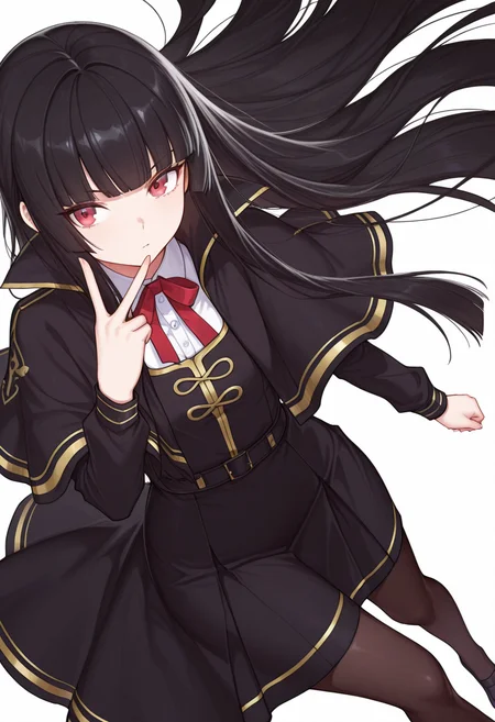 Smooth Quality,masterpiece,very intricate, high quality details, ultra realistic, high detailed skin,detailed enviorement,absurdres,
v,
 <lora:Atre_CNR:0.8> atre_cnr, 1girl, black hair, very long hair,blunt bangs, red eyes,black dress,black capelet, pantyhose, long sleeves, ribbon, shoes,, simple background, white background, dutch angle,solo,, pensive,