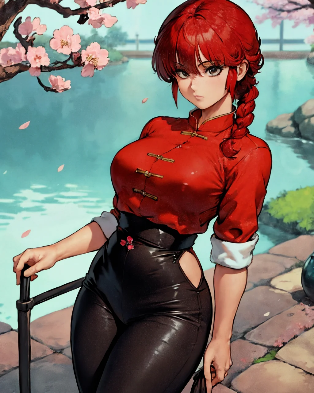 best quality, masterpiece,1girl,saotomeranma, coldwater,(medium breasts), <lora:ranma_v1:0.8>, ,cowboy_shot,chinese clothes, black pants, red hair, official style, with cherry blossoms and a japanese garden in the background