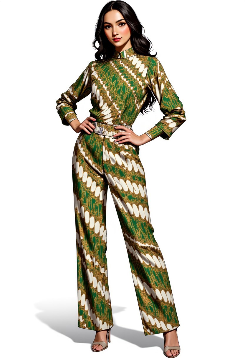 A beautiful woman with shiny skin wearing a loose-fitting pants featuring Batik_Parang pattern.  The pants are made from a fabric featuring a traditional batik pattern. The pattern consists of Batik_Parang pattern, traditional batik design with a diagonal flowing pattern, white within dark brown combination. 
She is also wearing a long sleeves shirt with high collar, the shirt is full of Batik_Parang pattern with different coloring with the pants, green within gold combinations of Batik_Parang. she is standing elegantly, her hands on hips. her pose is seducing.