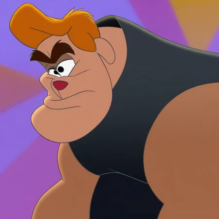 1boy, male, furry, thick eyebrows, fat, orange hair, black tank top, shorts, black eyes, red nose, fingerless gloves, black gloves, muscular, cartoon style, exaggerated proportions, expressive face, confident pose, broad shoulders, cel-shaded, Disney 2000s animation style, smooth line art, colorful background, urban setting