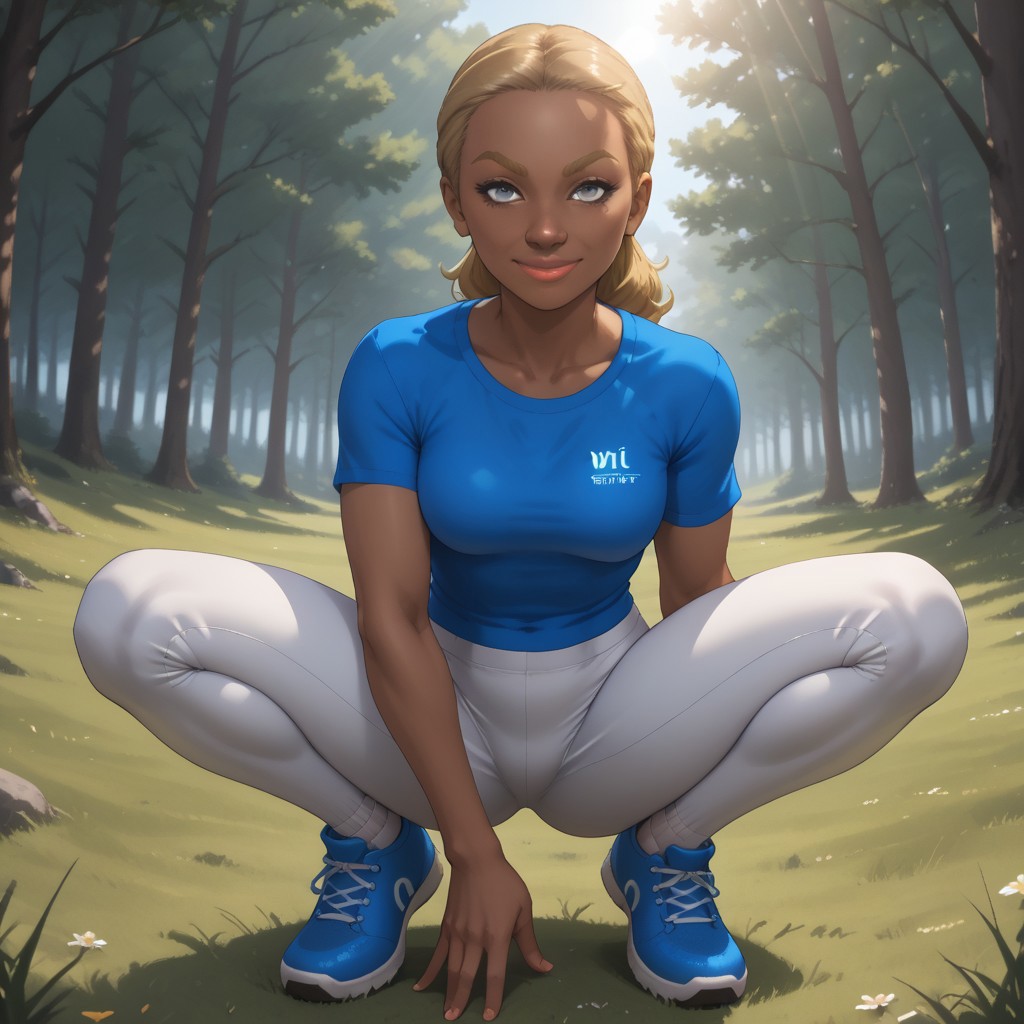 score_9, score_8, BREAK, solo, wii, mii, wii sports, 1girl, female mii, dark blonde hair, dark blonde eyebrows, gray eyes, lips, black skin, dark blue clothing, white pants, shoes, breasts, nintendo mii, modern_mii, classic_mii, Emma_(Wii_Sports), black skin female, sexy pose, self portrait, smile, outdoors, sunlight, shadows, evening lighting, natural lighting, forest, trees, grass, orange sky, sunset, mature female