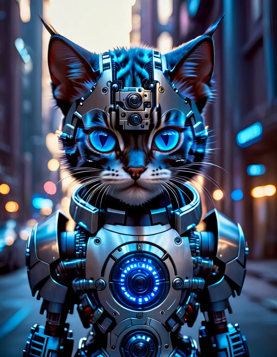 cinematic photo a cute cat, cyberpunk, science fiction, cyborg, looking at viewer, realistic, blue eyes, lips, black hair, freckles, arms at sides, watermark, artist name, standing, android, armor, blurry, joints, light, stunning, gorgeous, intricate detail, sharp focus, beautiful, elegant, highly detailed, very romantic, glowing
<lora:CyborgsXL:1>, , <lora:FILM_PHOTOGRAPHY_STYLE:0.25> . 35mm photograph, film, bokeh, professional, 4k, highly detailed