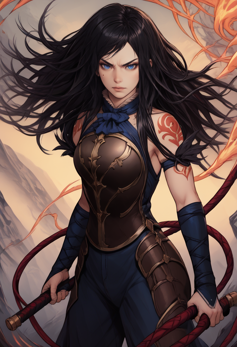 score_9, score_8_up, score_7_up, BREAK, score_9,  <lora:pony_good_hands:1>, <lora:whip:1>, <lora:shanoa:1> shanoa, long hair, black hair, blue eyes, tattoo, good hands, holding whip, fighting stance, slashing, whipping, absurdres,