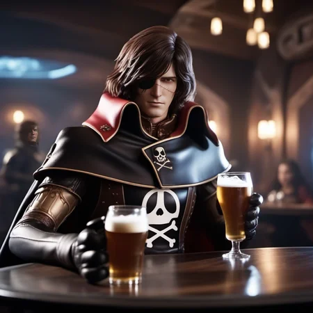 cinematic photo a realistic man, cape, brown hair, scar, black gloves, having a beer in a spaceopera tavern<lora:Albator1024_r1:0.8> . 35mm photograph, film, bokeh, professional, 4k, highly detailed
