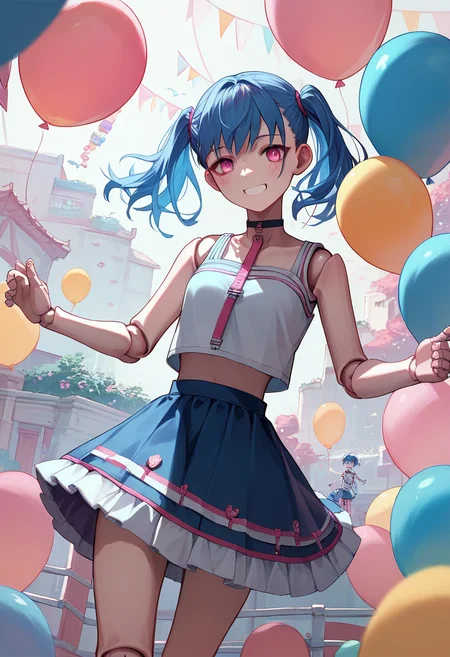 score_9, score_8_up, score_7_up, score_6_up, source_anime, <lora:doll_joints_v0.1-pony:1.0>
1girl,doll joints, twintails, balloon,
smile, suspender skirt, blue hair, pink eyes,