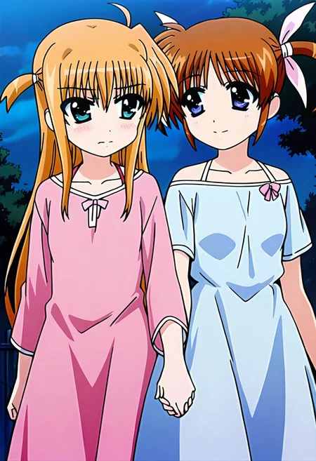 score_9, score_8_up, score_7_up, score_6_up, high resolution, gorgeous, absurdres, best quality, anime screencap, source_anime, 2girls,
lyrical nanoha,arisa bunnings,blonde hair,long hair,bangs,sidelocks,two side up,ahoge,green eyes,small breasts,
blush,
break,
nanoha,takamachi nanoha, brown hair, twintails, blue eyes, casual clothes, dress,
break,
yuri, holding hands, night,