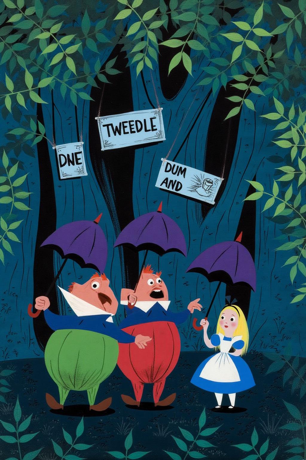 maryblair2 illustration. 
In a forest setting, a girl in a blue dress with a white apron holds a purple umbrella and stands to the right of Tweedledee and Tweedledum, who are also carrying umbrellas. There are three signs hanging from the tree branches that say "TWEEDLE", "DUM AND", and "DEE." The forest has tall, dark trees and lush green foliage. <lora:maryblair3_cap_d6a3e9:1.0><lora:855882330114422215:0>