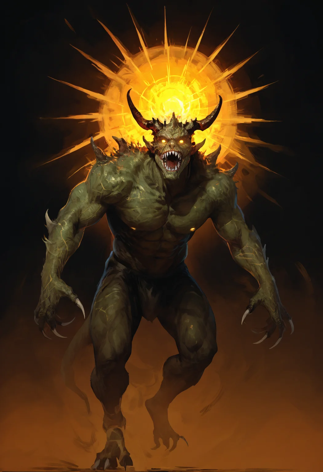 score_9, score_8_up, score_7_up, score_6_up, score_5_up, score_4_up,
<lora:FantasyPaintingsPonyXL:1> pa1nt1ng,
solo, looking at viewer, open mouth, simple background, 1boy, standing, full body, yellow eyes, male focus, horns, teeth, no humans, muscular, glowing, sharp teeth, black background, claws, glowing eyes, monster, hunched over