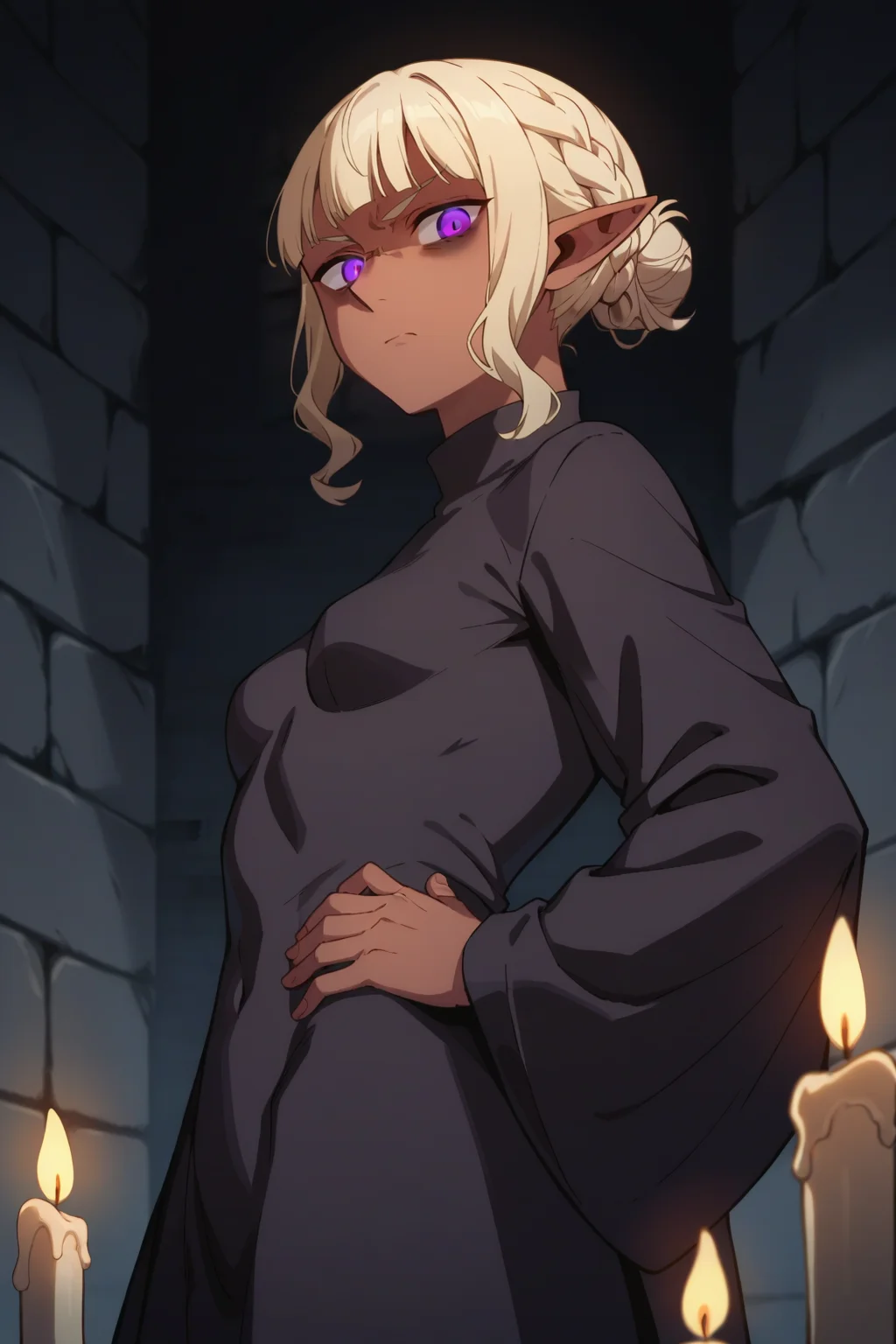 score_9, score_8_up, score_7_up, source_anime, 1girl, prefect lighting, very aesthetic, intricate details, highly detailed background, masterpiece, high quality, prefect hands, best quality, solo,
<lora:Thistle_Dungeon_Meshi_V1_r2-000007:.85>, pointy ears, light red skin, dark-skinned female, dark skin, purple eyes, cream hair, blunt bangs, sidelocks, braid, hair bun, bags under eyes, glowing eyes,
long sleeve, black poncho,
tired, standing, hand on own hip, looking at viewer, from side, disgust, from below,
dungeon, stone wall, dark, candles, dimly lit,
(Beautiful, small Breasts:1.2), natural breasts,