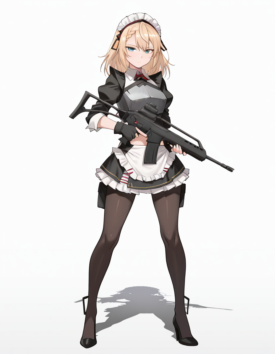 Volumetric Lighting, (masterpiece), (best quality), (ultra-detailed), masterpiece, source_anime, score_9, score_8_up, score_7_up BREAK, illustration, disheveled hair, detailed eyes, perfect composition, moist skin, intricate details, detailed eyes, detailed face, detailed fingers BREAK, G36,blonde hair, blue eyes, braided bangs, medium hair BREAK, G36mod3,mod3_collared_shirt, mod3_apron, mod3_breastplate,mod3_maid_headdress, mod3_skirt, mod3_shirt, mod3_pantyhose, mod3_waist_apron, mod3_fingerless_gloves, mod3_neck_ribbon,midriff,navel mod3_high_heels BREAK, looking at viewer, simple background, white background, holding, medium breasts, full body, holding weapon, gun, holding gun, rifle, assault rifle, trigger discipline, heckler & koch , expressionless,shadow