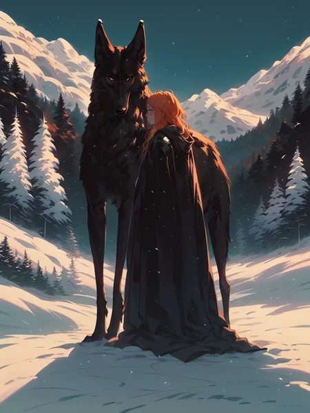 score_9, score_8_up, score_7_up, score_6_up, score_5_up, <lora:snowXLP:0.8> snow, long hair, outdoors, tree, cloak, wolf, nature, standing, forest, pine tree, black cloak, sky, 1girl, solo, ginger hair