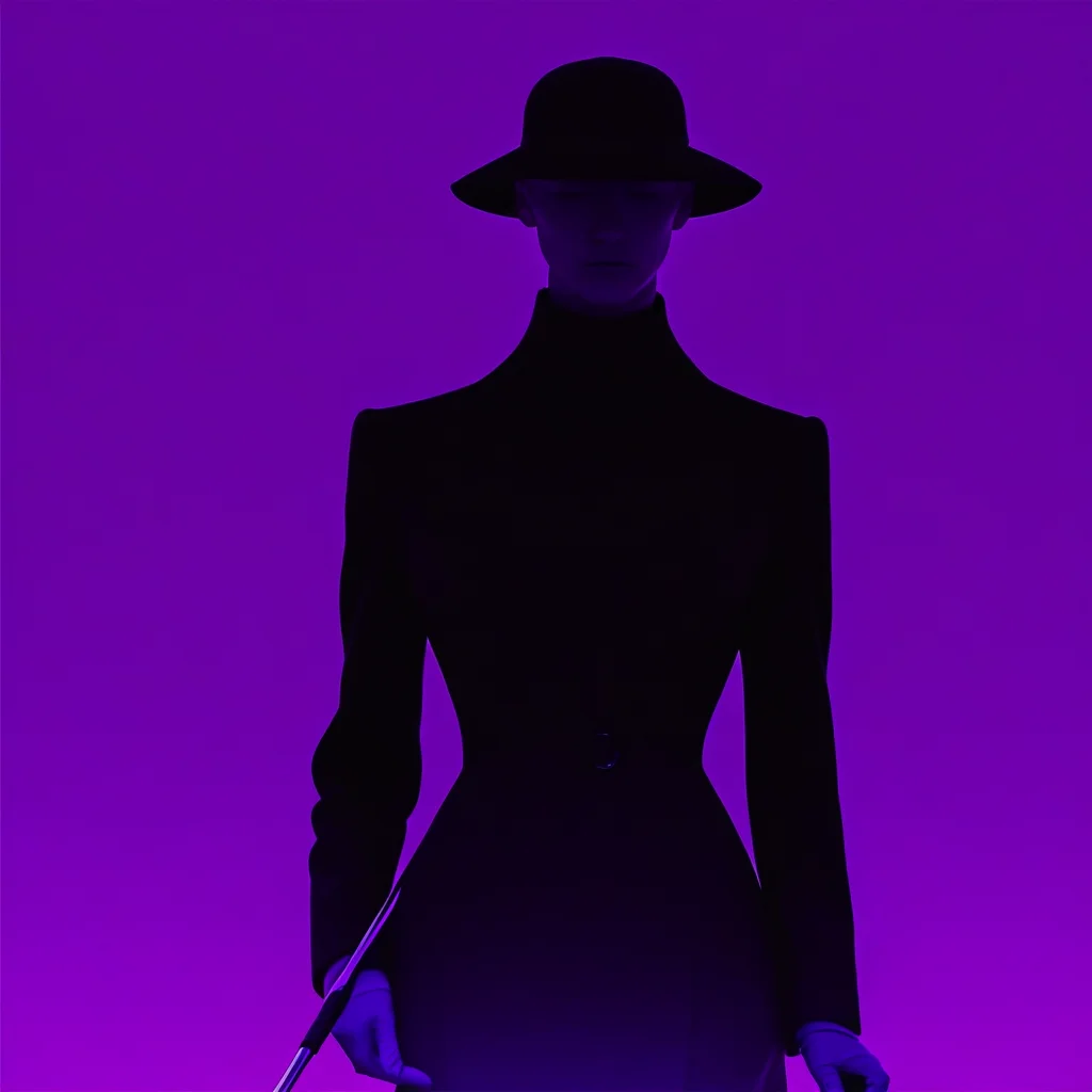 (aaAR7fl), masterpiece, highres, best quality, aesthetic, intriguing details,, fashion campaign, elegant, 1girl, golf player, swing a golf club, faceless, hat, cover eyes, black clothes, colourful shadow, dynamic shot, 2 other people in black long coat standing at back in silhouette out of focus, purple background,simple background, purple theme,perfect hand,