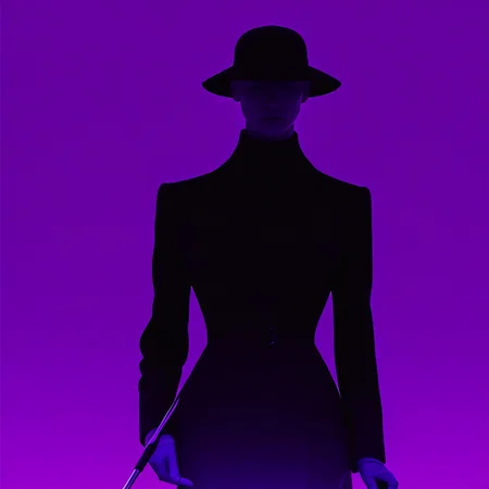 (aaAR7fl), masterpiece, highres, best quality, aesthetic, intriguing details,, fashion campaign, elegant, 1girl, golf player, swing a golf club, faceless, hat, cover eyes, black clothes, colourful shadow, dynamic shot, 2 other people in black long coat standing at back in silhouette out of focus, purple background,simple background, purple theme,perfect hand,