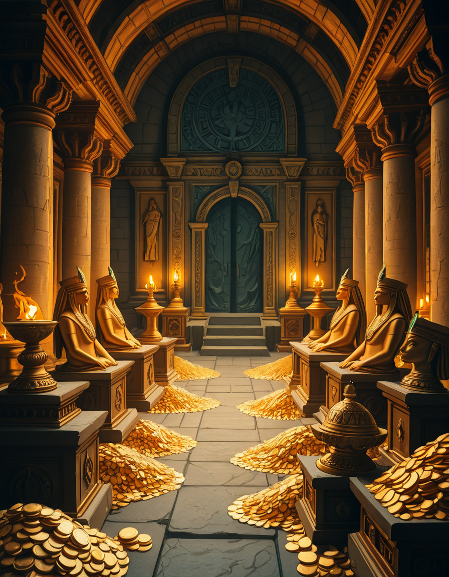 A hidden treasure chamber deep within an ancient temple, illuminated by the warm golden glow of torches and mystical blue light from enchanted crystals. The room is filled with piles of gold coins, jewel-encrusted goblets, and ancient artifacts covered in dust. Massive stone statues of forgotten deities guard the chamber, their eyes glowing faintly as if watching intruders. In the center, a grand pedestal holds a legendary artifactâan ornate golden crown encrusted with emeralds and sapphires, shimmering with an otherworldly aura. The walls are adorned with intricate carvings depicting lost civilizations, and creeping vines hint at centuries of abandonment. The atmosphere is mystical and slightly eerie, with a sense of both wonder and danger. The air is thick with the scent of aged parchment and burning incense, adding to the chamberâs ancient and mysterious feel. Cinematic lighting with dramatic shadows enhances the depth and richness of the scene, creating a visually stunning and immersive environment.
<lora:SDXLFaeTastic2400:0.4> <lora:extremely_detailed:0.4> extremely detailed,treasure ch4mb3r, <lora:treasure_ch4mb3r-i:1>, Masterpiece,best quality,hi res,8k,hi res,8k,award winning,(sharp focus, intricate, highly detailed),