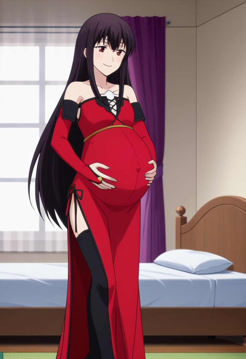 best quality, masterpiece, 4k, perfect lighting, very aesthetic, anime, anime coloring, official art, anime screencap, (large pregnant belly:1.3), bedroom, (hands on belly:1.5), happy, smile,
celeste, long hair, black hair, red eyes,
ached sleeves, bridal gauntlets, bare shoulders, collarbone,
long dress, side slit, black thighhighs, high heels,
standing