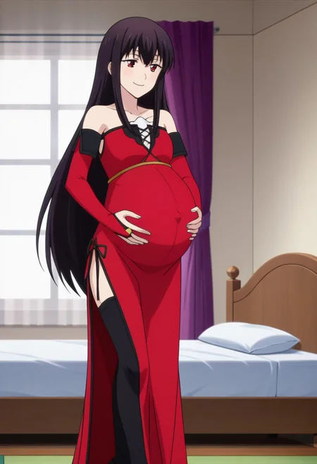 best quality, masterpiece, 4k, perfect lighting, very aesthetic, anime, anime coloring, official art, anime screencap, (large pregnant belly:1.3), bedroom, (hands on belly:1.5), happy, smile,
celeste, long hair, black hair, red eyes,
ached sleeves, bridal gauntlets, bare shoulders, collarbone,
long dress, side slit, black thighhighs, high heels,
standing
