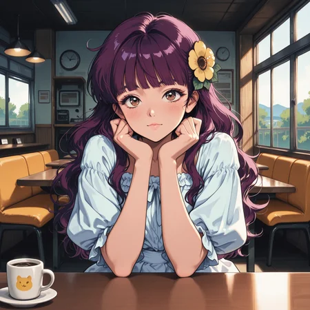 masterpiece, best quality, amazing quality, very aesthetic, absurdres, newest, 8k, BV-Illu, realistic, k3monogo, pinkretroanime, retro art,
BREAK, 
1girl, solo, long hair, looking at viewer, puffy shirt, brown eyes, upper body, purple hair, yellow flower hair ornament, blunt bangs, (viewer's hands on table:1.3, female viewer's hand), pov, legs crossed, frilly white skirt, flip-flops,
BREAK, indoors, cafe, table, seat, coffee mug, daylight, window, dynamic lighting, detailed background, dramatic lighting, depth of field, volumetric lighting