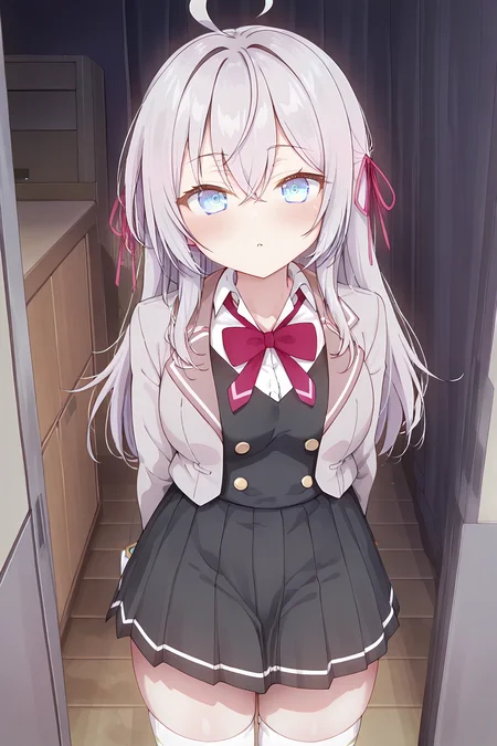 looking at viewer,facing viewer, front viewer, <lora:enotesv2:0.8>, <lora:Alisa_Mijáilovna:1> alisa-mi,silver hair,long hair,ahoge,blue eyes,hair ribbon,red ribbon,sidelocks,crossed bangs,large breasts,alisa mikhailovna kujou, tokidoki bosotto roshia-go de dereru tonari no alya-san,school uniform, light blazer, gold trim, black skirt, pleated skirt, red bow, white thighhighs, breasts,digital illustration,1girl, masterpiece, best quality,highres,