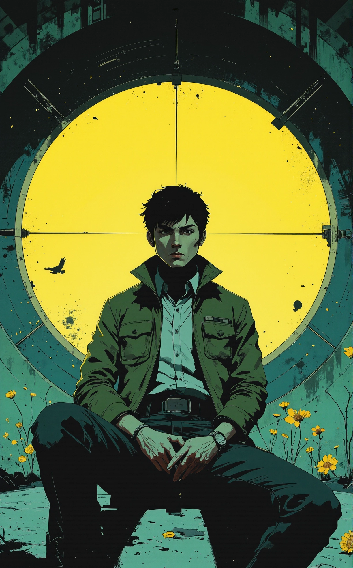 Off-center composition, medium close-up, The image is a digital illustration of a futuristic-looking figure sitting in front of a large circular window. The figure appears to be a young man with short black hair and a serious expression on his face. He is wearing a green jacket with a hood and a black belt around his waist. He has multiple pockets on his chest and arms, and his hands are clasped together in a contemplative pose. The background is a dark blue-green color with intricate patterns and designs on the walls and ceiling. There are also small yellow flowers scattered throughout the scene. The overall mood of the image is eerie and mysterious., dark and dim light, anime artwork comic manga art by Katsuhiro Otomo, surrealism art by Frank McCarthy, , Western art, landscapes, action-packed scenes, cyberpunk, detailed, post-apocalyptic, gritty . graphic illustration, comic art, graphic novel art, vibrant, highly detailed . anime style, key visual, vibrant, studio anime, highly detailed
