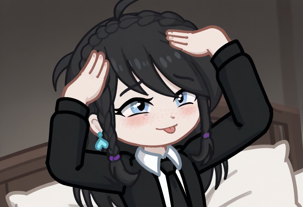 score_9, score_8_up, score_7_up, score_6_up, Neon light, lying in bed, GELUGDD, GELUGDDGacha, GELUGDD, GELUGDDGacha, Gacha, girl, black hair, long hair, braid, blue eyes, blue earrings, black tie, black skirt, AhEtoBlehMeme, closed eyes, tongue out, :p, hands on own head, smile