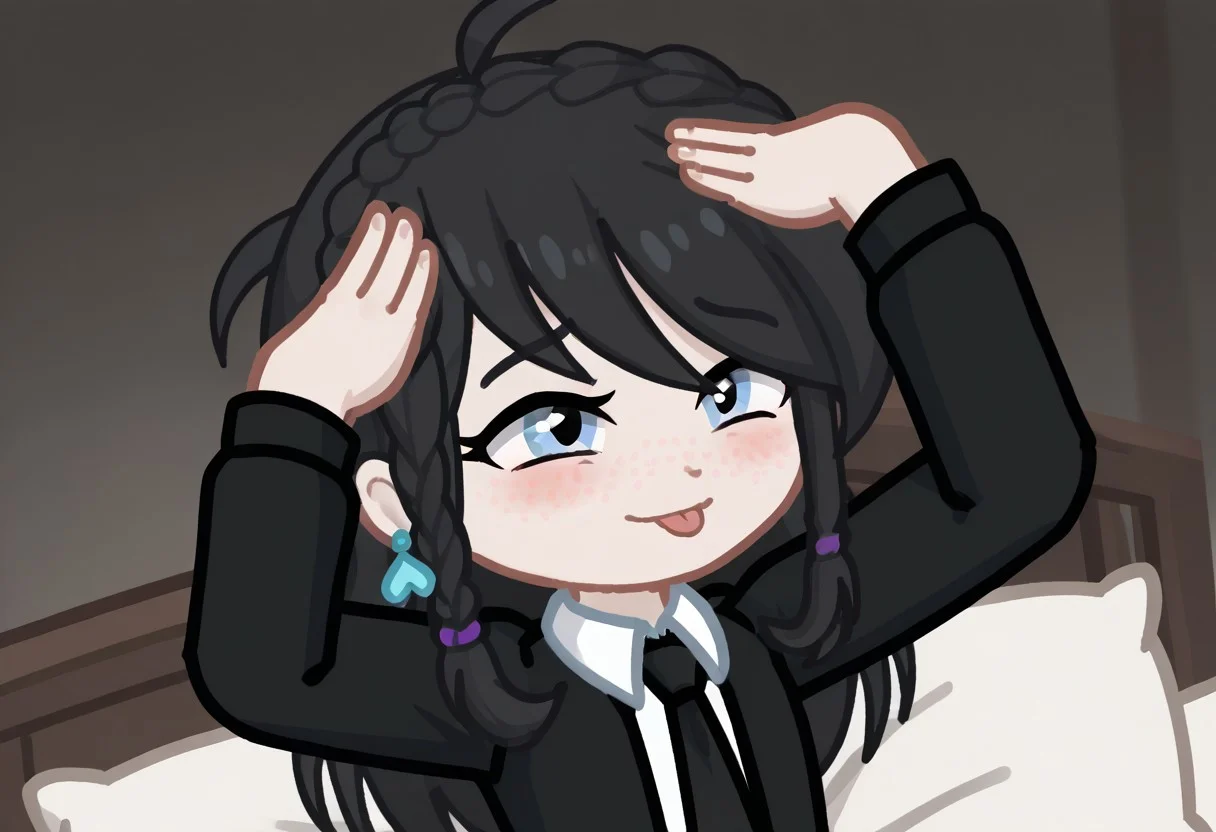 score_9, score_8_up, score_7_up, score_6_up, Neon light, lying in bed, GELUGDD, GELUGDDGacha, GELUGDD, GELUGDDGacha, Gacha, girl, black hair, long hair, braid, blue eyes, blue earrings, black tie, black skirt, AhEtoBlehMeme, closed eyes, tongue out, :p, hands on own head, smile