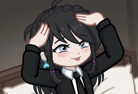 score_9, score_8_up, score_7_up, score_6_up, Neon light, lying in bed, GELUGDD, GELUGDDGacha, GELUGDD, GELUGDDGacha, Gacha, girl, black hair, long hair, braid, blue eyes, blue earrings, black tie, black skirt, AhEtoBlehMeme, closed eyes, tongue out, :p, hands on own head, smile