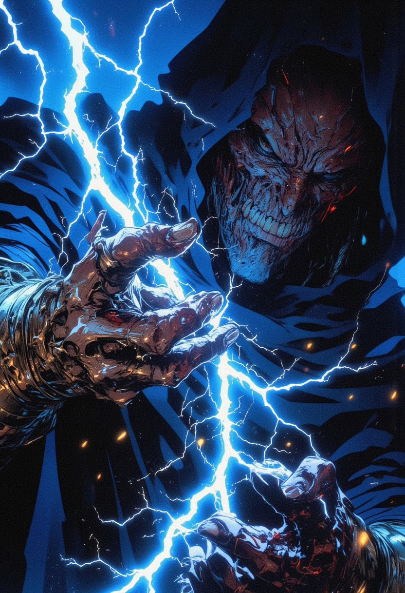 A tight, dramatic zoom-in on a mage's trembling hands as they weave a complex spell, glowing runes etching themselves into the air with crackling energy. The perspective captures the raw tension: veins and tendons straining under the effort, fingertips sparking with arcs of lightning that leap outward unpredictably. The camera angle tilts slightly, emphasizing the chaos of the moment.
the mage is out of focus but still discernible, shadowy, monstrous figure with glowing eyes. The environment is stormy—jagged bolts of lightning split the sky, their reflections dancing in the mage’s sweat-streaked face, barely visible beyond their glowing hands. Threads of the mage’s cloak swirl in the violent wind, flaring outward and breaking the frame with their dynamic motion.
Ash and embers drift like fleeting stars through the air, catching the eerie blue glow of the spell in progress. The shot brims with urgency and struggle