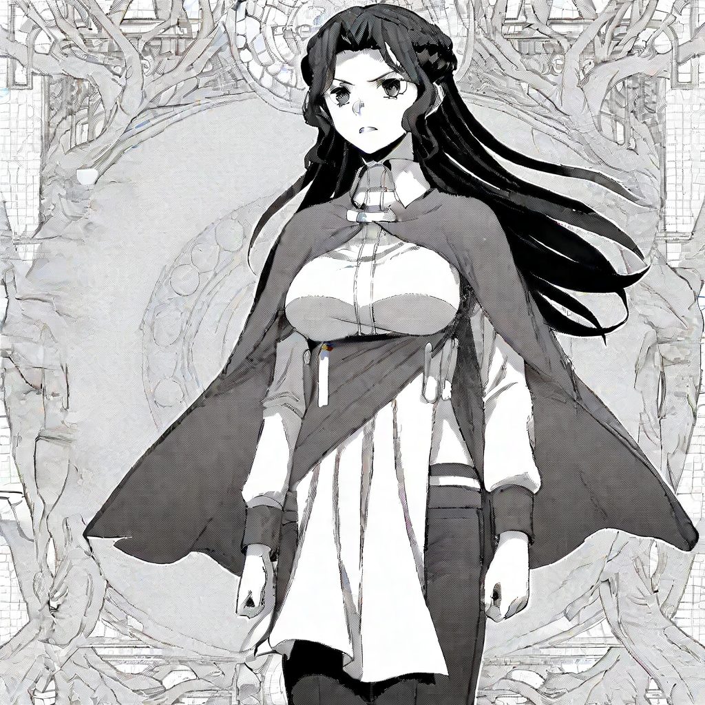 1girl, Fialart, greyscale, monochrome, long hair,  braid, large breasts, shirt, long sleeves, cape, waist cloth, pants, standing