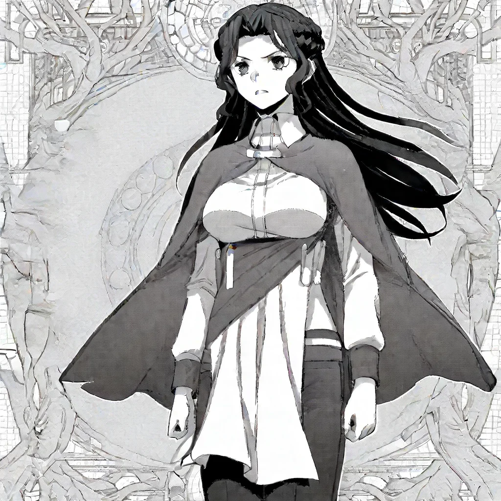 1girl, Fialart, greyscale, monochrome, long hair, braid, large breasts, shirt, long sleeves, cape, waist cloth, pants, standing