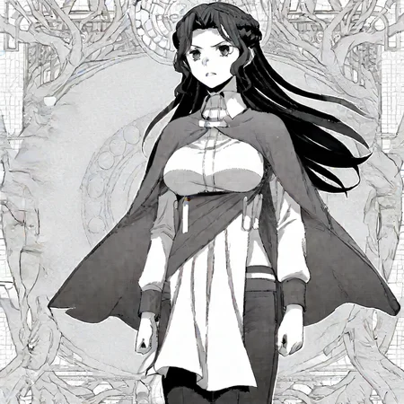 1girl, Fialart, greyscale, monochrome, long hair,  braid, large breasts, shirt, long sleeves, cape, waist cloth, pants, standing