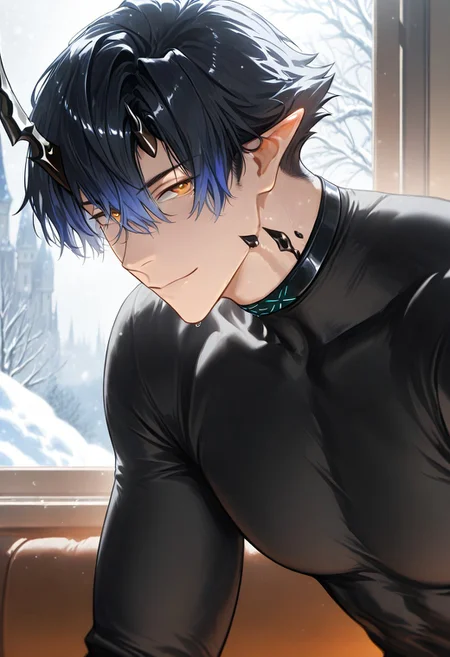 //General, masterpiece,best quality,amazing quality, source_anime, intricately detailed illustration, very aesthetic, absurdres, newest, anime coloring, subsurface scattering, , natural lighting, Expressiveh, detailed skin, shiny skin,aesthetics light, depth of field, vibrant colors,
//Fashion, black shirt, long sleeves,
//Background, castle interior, indoors, snow background outside the window,
//Others, 1boy, male focus, solo male, manly body,
//Action, looking at viewer, light smile, close up, upper body,
BREAK,
flamebringer, flame_ark, black hair, gradient hair, blue hair, orange eyes, hair between eyes, oripathy lesion (arknights), horns, pointy ears,