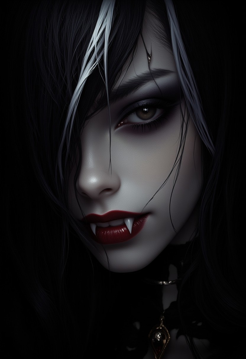 masterpiece, high detail, ArsMJStyle, dnddarkestfantasy, masterpiece, closeup portrait of stunning oriental vampire woman, long black hair with white streak, dark eyeshadow, red lips, mouth slightly open showing fangs, chiascuro, sexy, seductive, erotic, direct gaze, dark background. highest definition, HD32K, wallpaper, hyperdetailed, concept art, extreme closeup, side profile