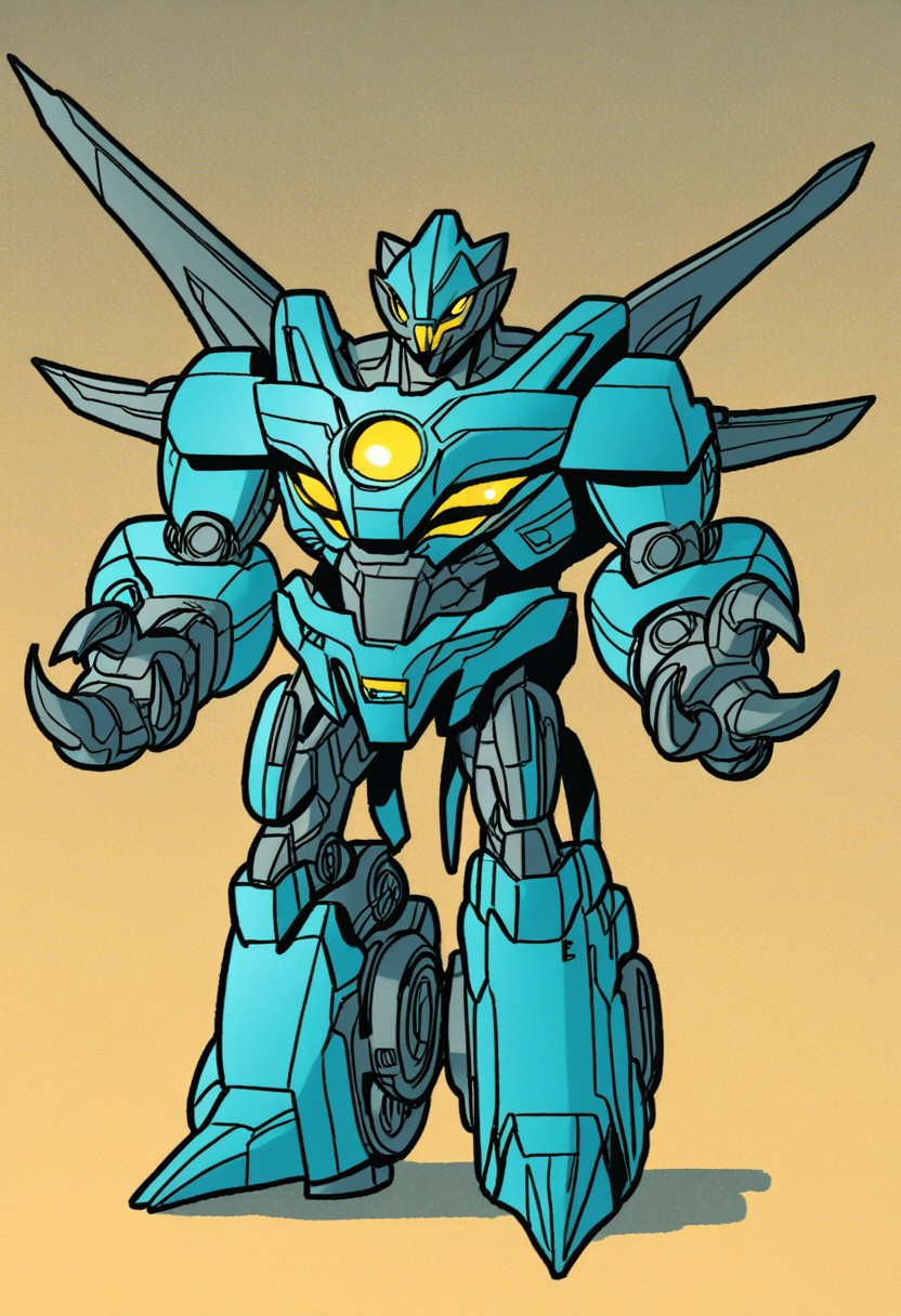 (Whirl_(IDW)), 1boy, Robot, (mecha), claw hands, camera head, claws, standing, arms at sides, (one-eyed), one eye, yellow eyes, metal skin, blue plating, looking at viewer, no humans, transformer, autobot, TransformersStyle, cartoon style, cartoon source,