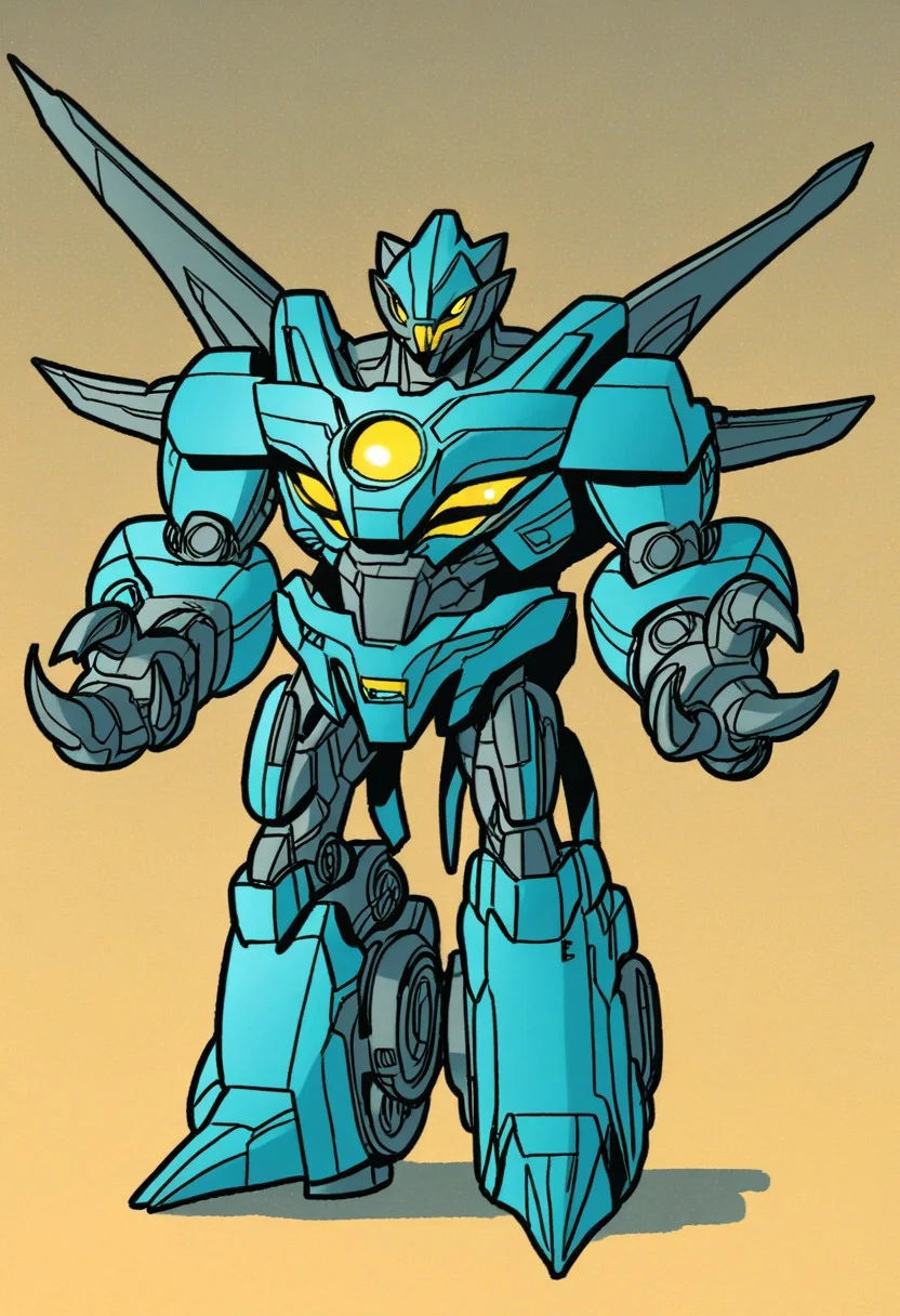 (Whirl_(IDW)), 1boy, Robot, (mecha), claw hands, camera head, claws, standing, arms at sides, (one-eyed), one eye, yellow eyes, metal skin, blue plating, looking at viewer, no humans, transformer, autobot, TransformersStyle, cartoon style, cartoon source,