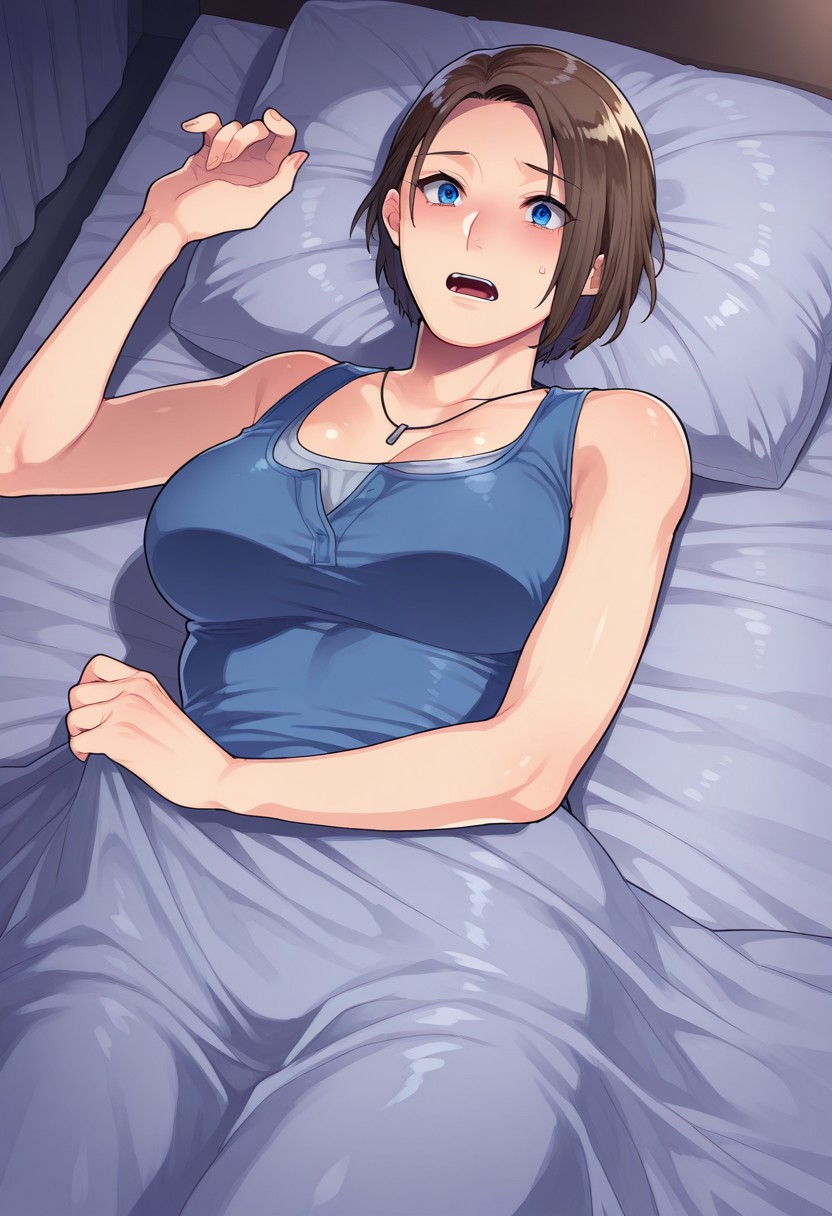 score_9, score_8_up, score_7_up, score_6_up, source_explicit, Mogiki_Hayami, 1girl, Jill Valentine, tank top, necklace, no pants, in bed, under covers, scared, shocked, mouth open, holding covers, lying on back, 
BREAK
apartment, nighttime, masterpiece