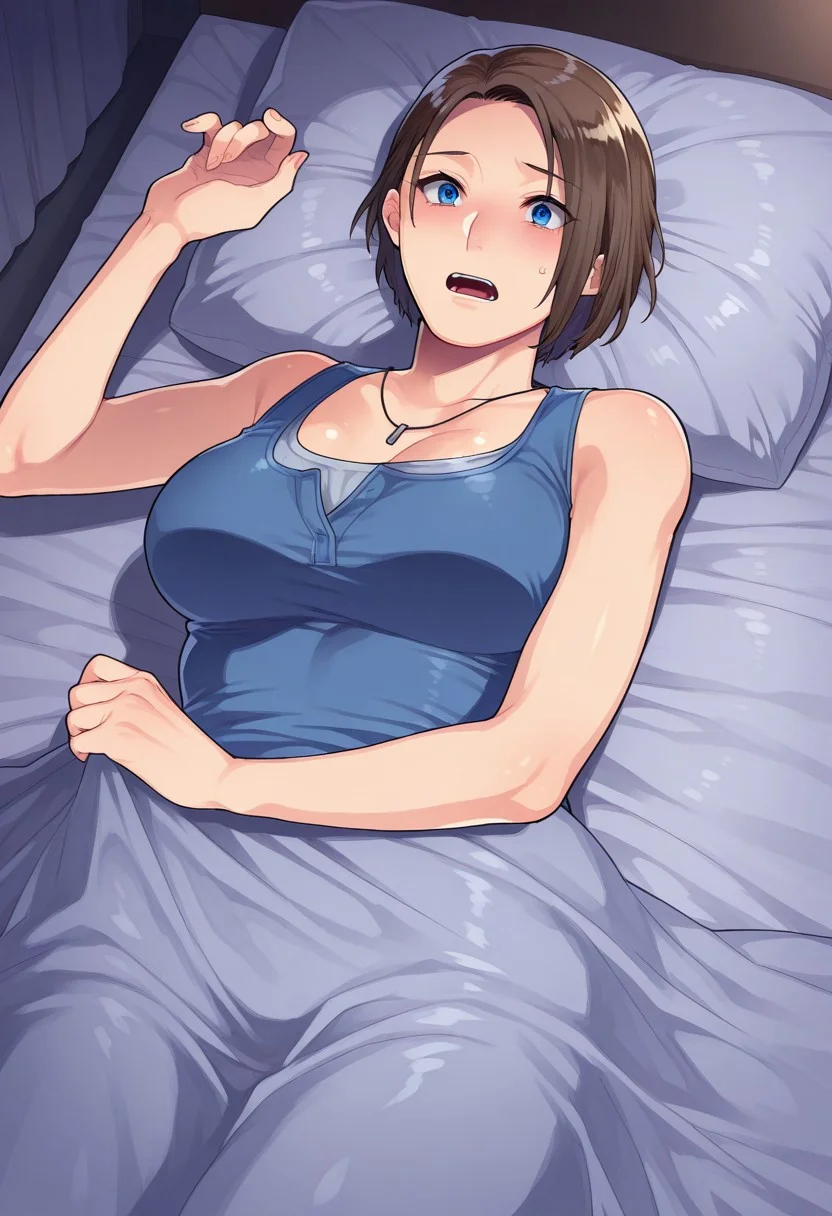 score_9, score_8_up, score_7_up, score_6_up, source_explicit, Mogiki_Hayami, 1girl, Jill Valentine, tank top, necklace, no pants, in bed, under covers, scared, shocked, mouth open, holding covers, lying on back,
BREAK
apartment, nighttime, masterpiece