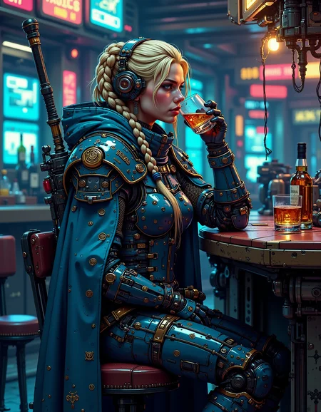 tall blond vikingpunk woman , she is wearing a futuristic plate armour and blue cloak that are covered in celtic runes, her blond hair is braided she sits at the counter of a futuristic bar drinking a whiskey, a futuristic long_axe is leaning agaianst the counter, the barkeepe and other parons look at her in suprisefuturistic bar withe neon signs, monitors and holograms<lora:fluxVikingPunk:0.8> <lora:ck-nc-pastel-cyberpunk:1.0>