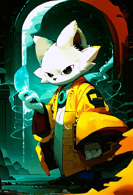 zuppu11, full body, solo, furry, score_9, score_8_up, look at viewer, male focus, no humans, furry male, flux-style, detailed eyes, yi, yellow coat, coat long sleeves, wide sleeves, robe, haori, body suit, white fur, green ring on chest, animal ears, furry, furry male, black eyes, body fur, no mouths, fangs, holding a glowstick