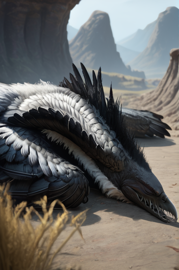 source_furry, score_9, score_8_up, score_7_up, (zuu_xv, monster, giant bird), black feathers, detailed feathers, white fur, detailed fur, sharp teeth, head wings, long neck, claws, tail, wings, feathered wings, <lora:FF_ZuuPony08:0.8>, outdoors, graslands, lying, head on ground, closed eyes, sleeping, retracted wings, zPDXL2, zPDXLpg, zPDXLrl, shaded, best quality, highly detailed, extreme detail, photorealistic