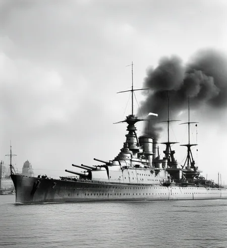 battleship, Black and white photos, city, <lora:BATTLESHIP:0.7>