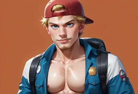 score_9, score_8_up, score_7_up, best quality, amazing quality, best aesthetic, source_anime, 8 k, 1 young adult man, OC_Jason_P, slim, slender, facial hair, bare chest, backpack, backwards cap, blonde hair, blue pants, blush, border, seductive smirk, hand in pocket, hand on hip, male focus, orange background, open shirt, raglan sleeves, red headwear, simple background, solo, upper body, utensil in mouth, full body view
