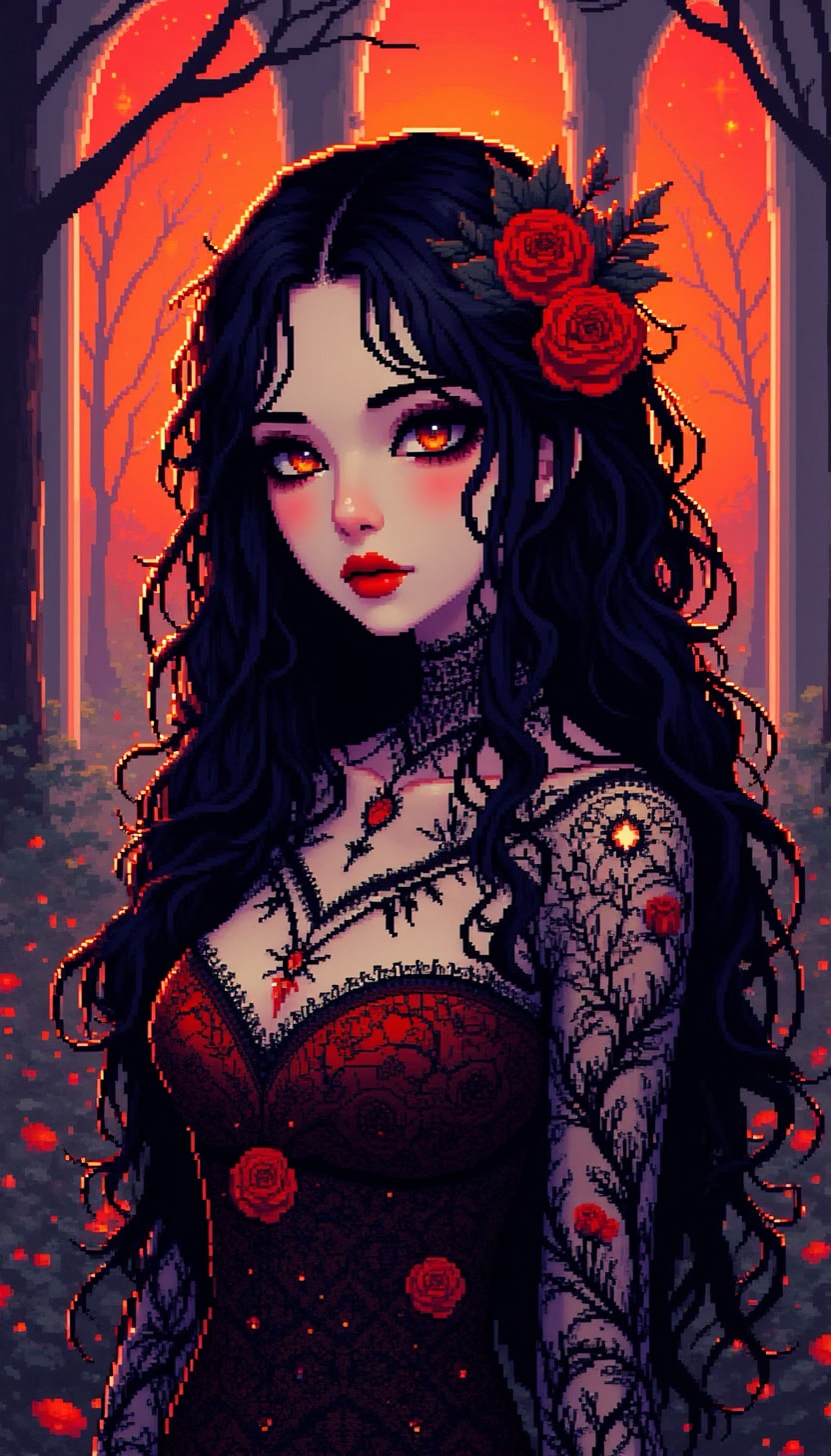pinkpixelicious,
A hauntingly beautiful woman with porcelain skin, deep crimson lips, and piercing golden eyes. Her raven-black hair is adorned with blood-red roses, their petals seemingly made of velvet. She wears an intricate black lace gown with delicate embroidery in the shape of thorned vines. Behind her, an abandoned gothic cathedral with towering stained-glass windows glows under a crimson sunset.