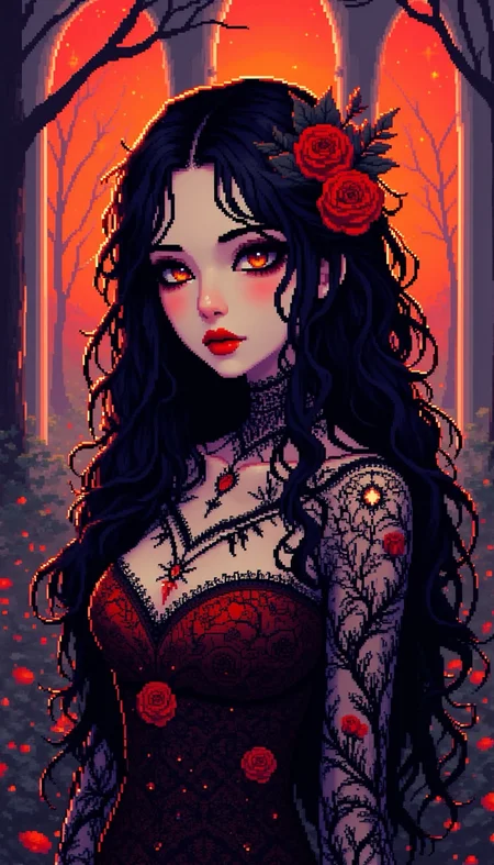 pinkpixelicious,
A hauntingly beautiful woman with porcelain skin, deep crimson lips, and piercing golden eyes. Her raven-black hair is adorned with blood-red roses, their petals seemingly made of velvet. She wears an intricate black lace gown with delicate embroidery in the shape of thorned vines. Behind her, an abandoned gothic cathedral with towering stained-glass windows glows under a crimson sunset.