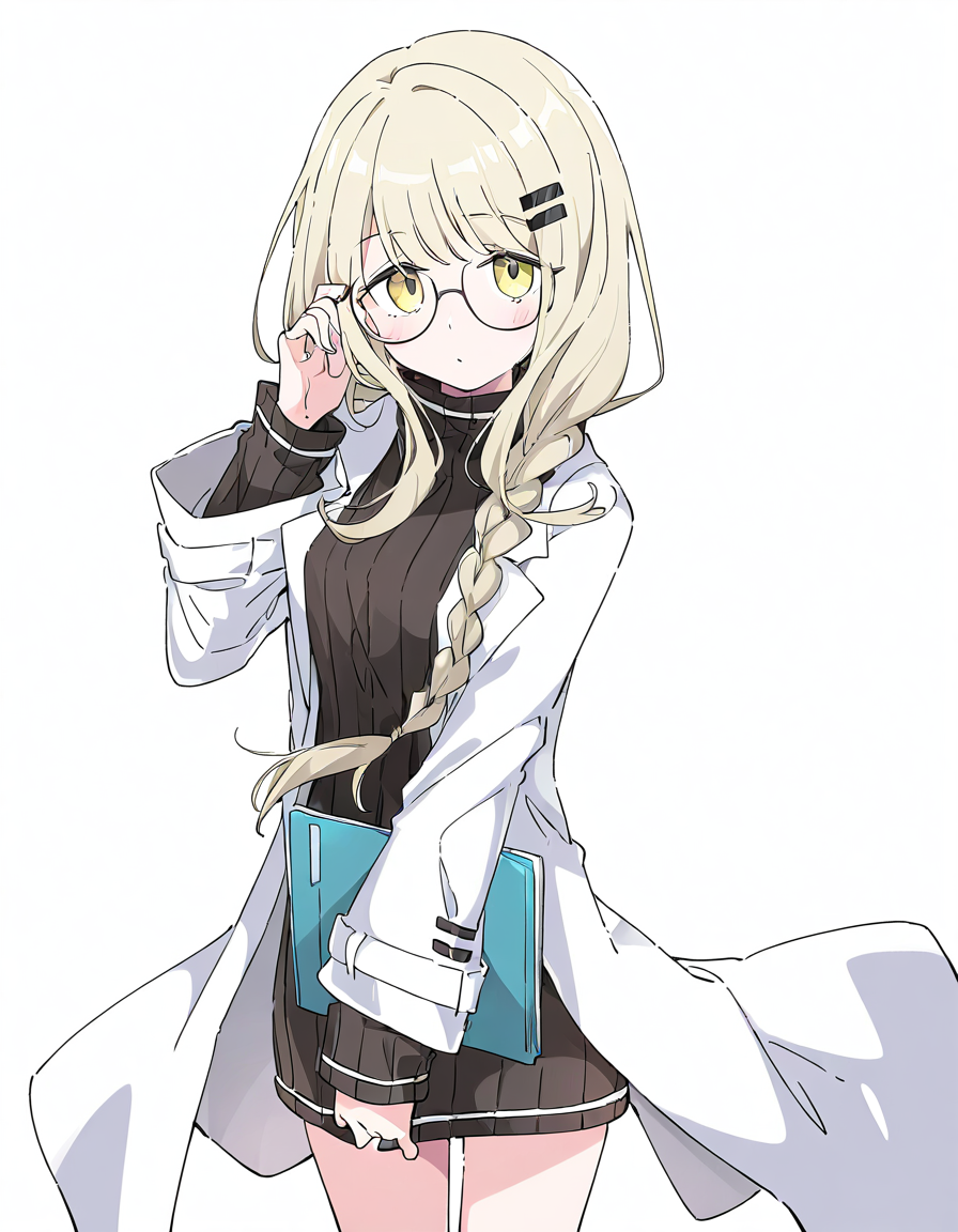1girl,solo,lijianxi,glasses,lab coat,simple background,looking at viewer,white background,cowboy shot,<lora:lijianxi-000010:1>,, masterpiece, best quality, very aesthetic, absurdres,newest, incredibly absurdres,, (Ixy:0.6)),(hiten \(hitenkei\):0.7),
