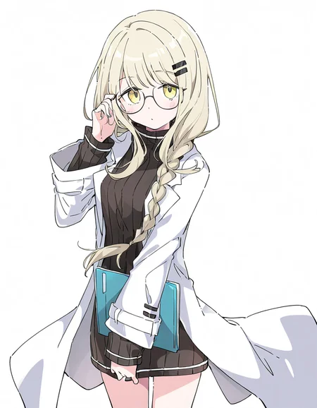 1girl,solo,lijianxi,glasses,lab coat,simple background,looking at viewer,white background,cowboy shot,<lora:lijianxi-000010:1>,, masterpiece, best quality, very aesthetic, absurdres,newest, incredibly absurdres,, (Ixy:0.6)),(hiten \(hitenkei\):0.7),