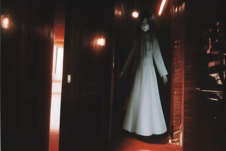 ((masterpiece)),(best quality), absurdres,sadako_yamamura,red eyes, white dress, <lora:death2HorrorLocon_v10:0.7>,horror (theme),dark, 1girl,night, dark, vanishing point,1other,looking at viewer,monster,
