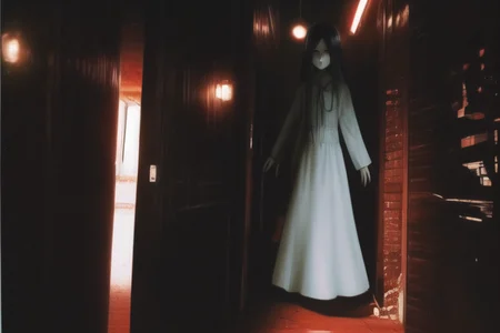 ((masterpiece)),(best quality), absurdres,sadako_yamamura,red eyes, white dress, <lora:death2HorrorLocon_v10:0.7>,horror (theme),dark, 1girl,night, dark, vanishing point,1other,looking at viewer,monster,